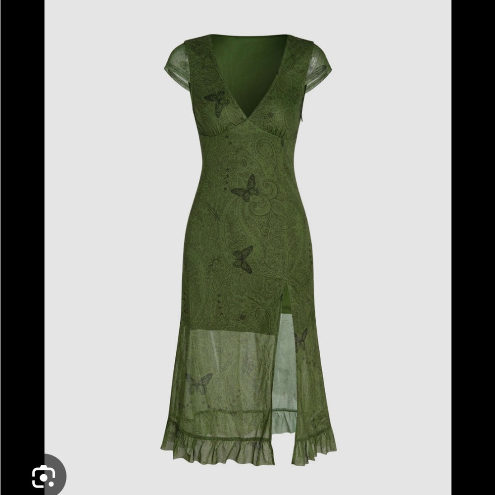Cider Olive Green Butterfly Split Midi Dress